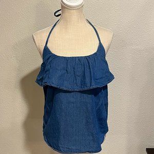 Gap Chambray Tie Halter Top with Ruffle Detailing